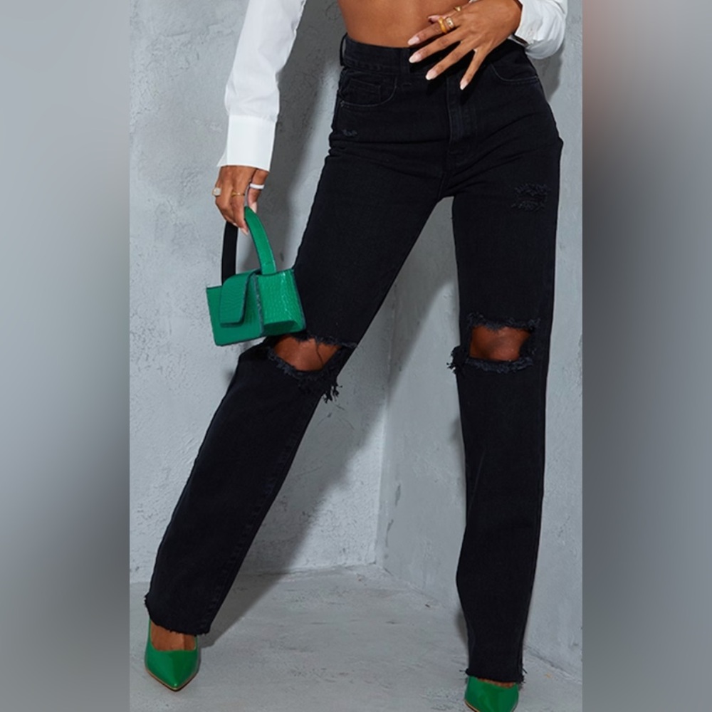 PrettyLittleThing Washed Black High Rise Ripped Straight Leg Jeans